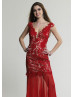 A-line V Neckline Red Lace Prom Dress